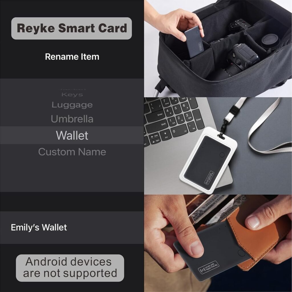 Reyke Wallet Tracker, Wireless Charging Smart Track Card, Works with Apple Find My (iOS Only), Key Finder for Luggage Tags, Phone, Passports, Black