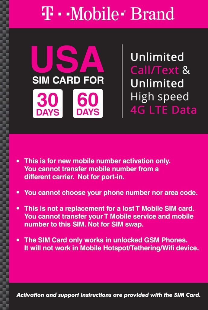 T-mobile Brand USA Prepaid Travel SIM Card Unlimited Call, Text and 4G LTE Data (for use in USA only) (for Phone use only. NOT for Modem/WiFi Devices) (30 Days)