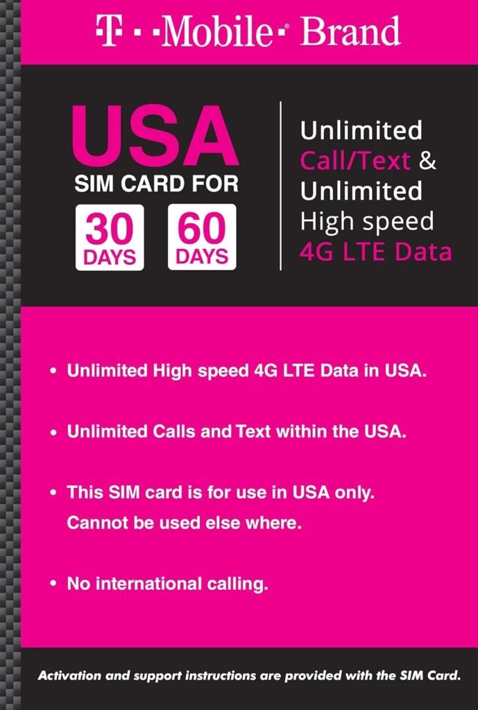 T-mobile Brand USA Prepaid Travel SIM Card Unlimited Call, Text and 4G LTE Data (for use in USA only) (for Phone use only. NOT for Modem/WiFi Devices) (30 Days)