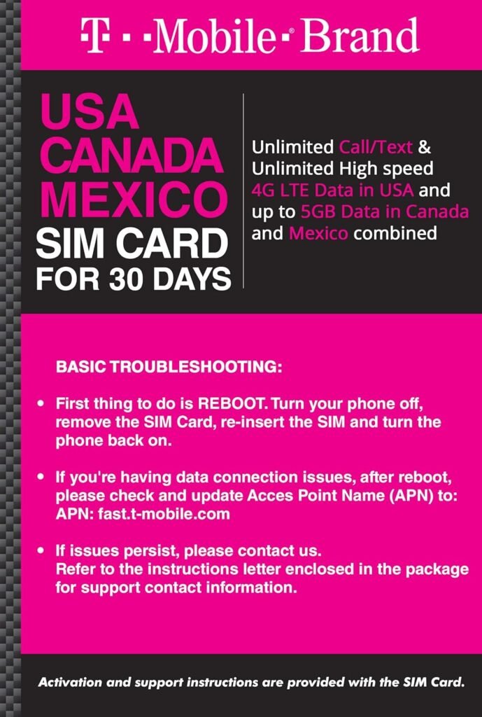 T Mobile Prepaid Brand USA, Canada, Mexico Prepaid Travel SIM Card Unlimited Call/Text  Unlimited High Speed 4G LTE Data in USA  up to 5GB Data in Canada  Mexico Combined. (30 Days)