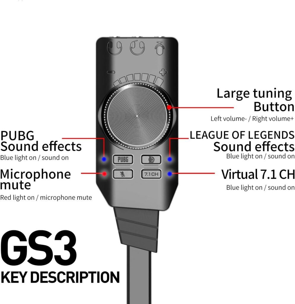 USB Sound Card Virtual 7.1 Surround Sound USB External Sound Card Adapter with PUBG Sound Effects for PC/PS4/PS5/Mac/Gaming Headset,Plug and Play