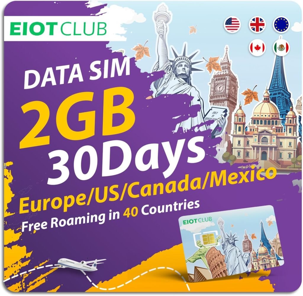EIOTCLUB Prepaid Europe SIM Card, 2GB/30Days SIM Card, Use in Canada/Mexico/The US  37 European Countries, 5G/4G High Speed Data Card (No Activation  Roaming Fees Required)