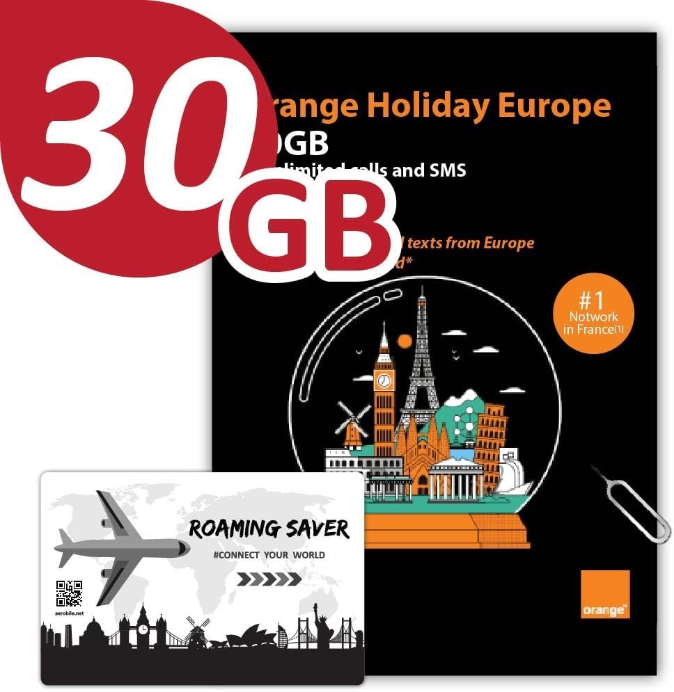 Orange Holiday Europe Prepaid SIM Card Combo Deal 30GB Internet Data in 5G/4G/LTE (Data tethering Allowed)+120min  1000 Texts from Europe to Any Country Worldwide+1 Sim Card Holder+1 Pin