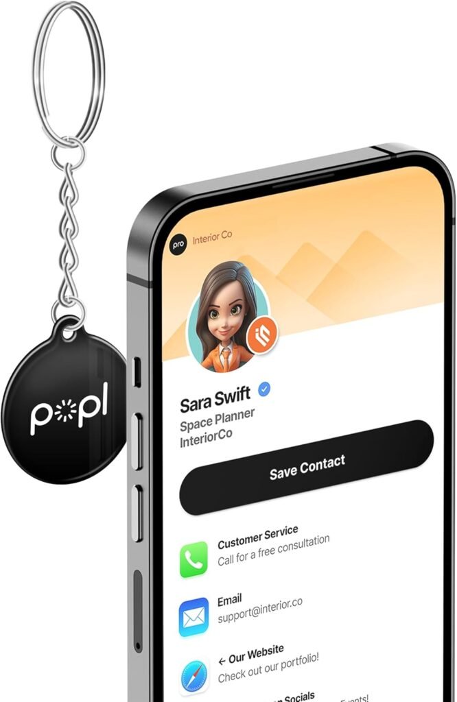 Popl Keychain Digital Business Card - Smart NFC Tag - Instantly Share Contact Info, Social Media, Payment, Apps and More - iPhone and Android - Features NFC Tap and QR Scan (Black QR)