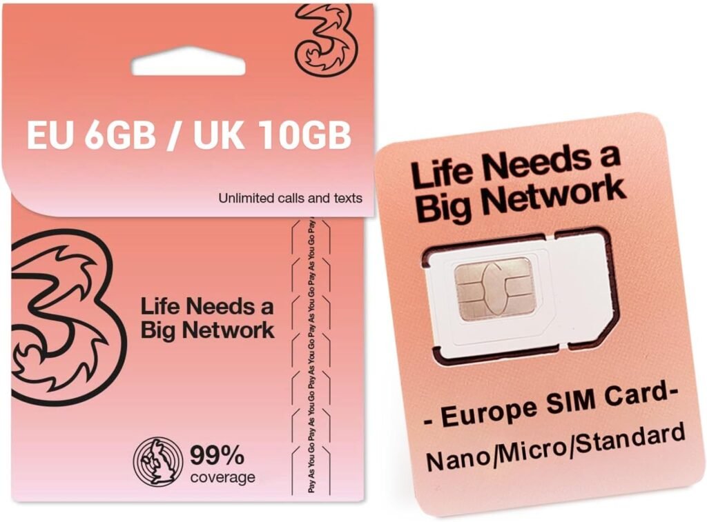 Prepaid Europe Sim Card 30 Days, EU 6GB / UK 10GB, Unlimited Local Calls and SMS, Activation Required, UK Three SIM Card Applicable to 72 Countries (30Days 10GB (Activation Required))