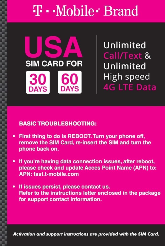 T Mobile Brand USA Prepaid Travel SIM Card Unlimited Call, Text and 4G LTE Data (for use in USA only) (for Phone use only. NOT for Modem/WiFi Devices) (60 Days)