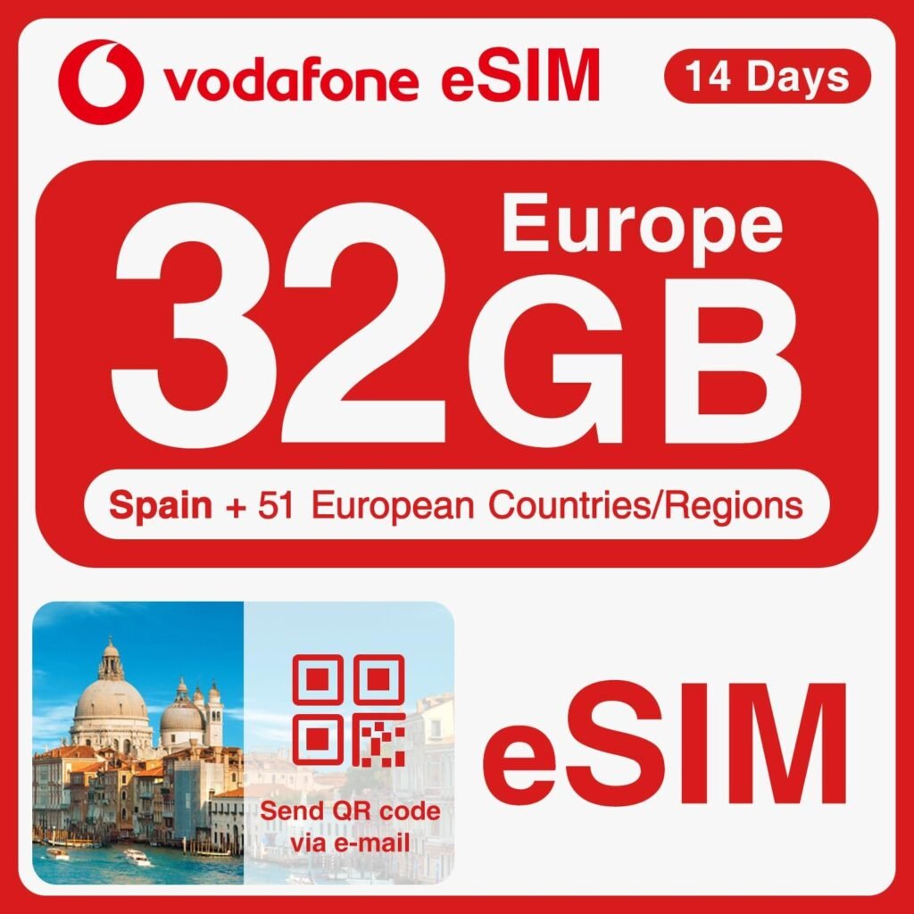 Vodafone Europe Prepaid eSIM Card - 32GB Data in 5G/4G/LTE in Europe and UK for 14 Days - Support Hotspot and Data Tethering for iPhone/Android - Covering Spain, Italy, Portugal, Greece, Switzerland