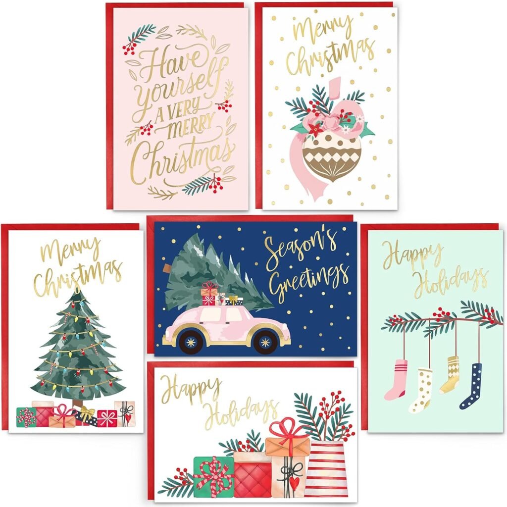 Christmas Cards, 24 Merry Christmas Cards with Envelopes, 6 Assorted Designs Bulk Greeting and New Years Cards, Perfect to Send Warm Holiday Wishes to Friends and Family, 4 x 6