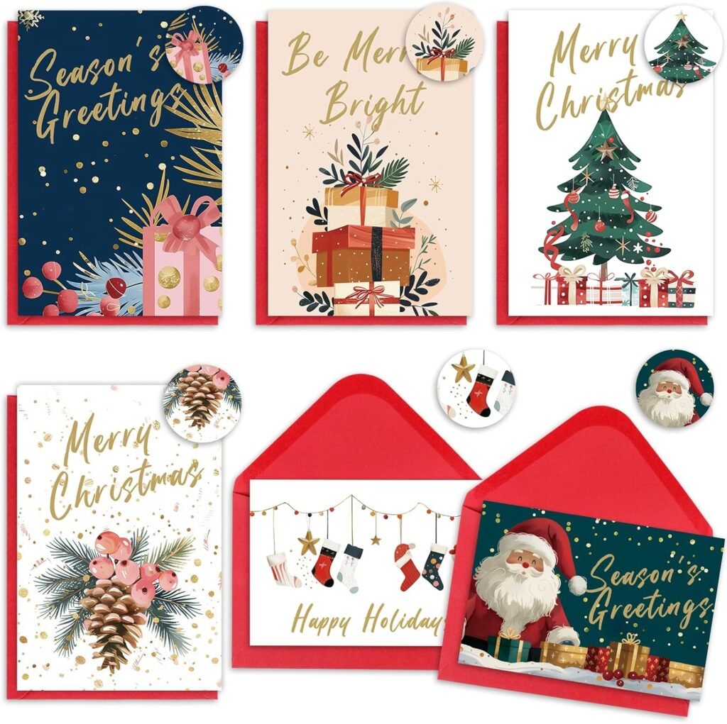 Christmas Cards Assortment, 24 Christmas Cards with Envelopes, 4x6 Inch Christmas Card with 6 Designs, Christmas Cards Bulk for Christmas, Holiday, New Year Gift